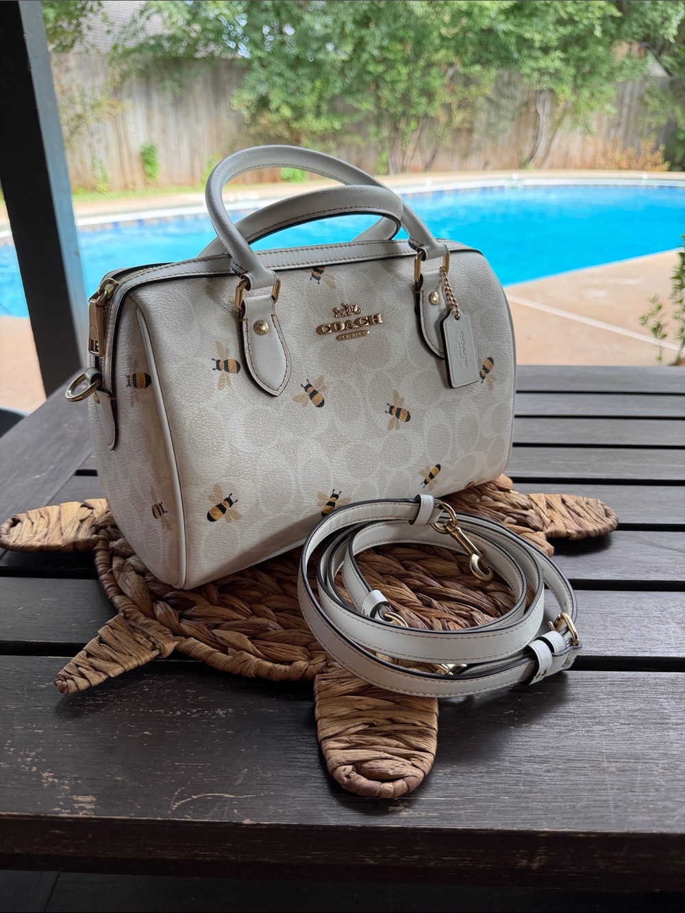 Coach Cream Signature Bee Print Rowan Satchel with Detachable Strap